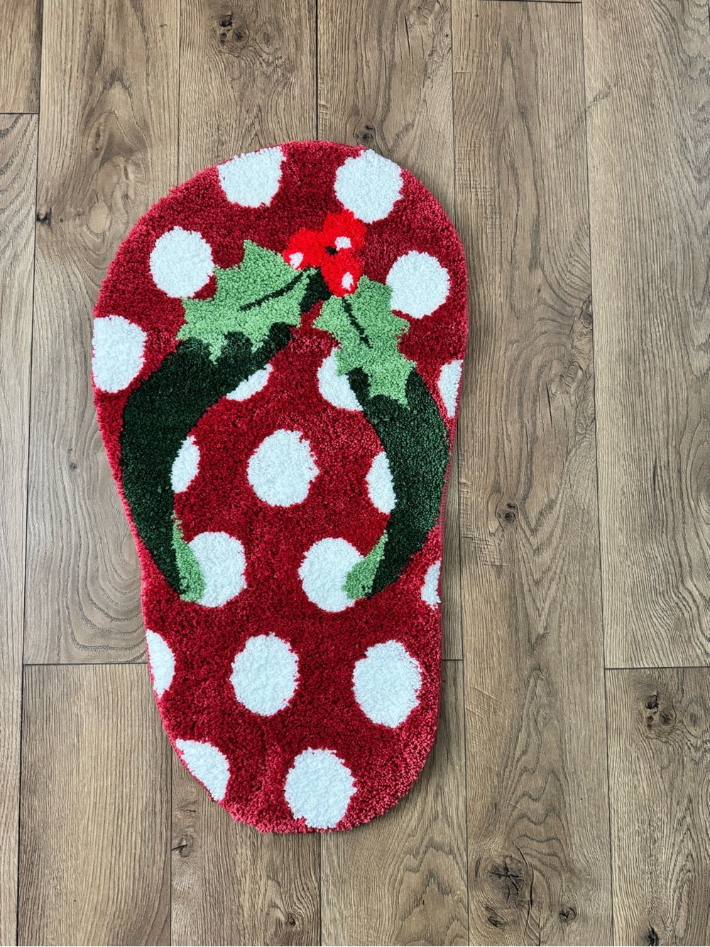 Festive Red Polka Dot Holiday Bath Rug with Holly